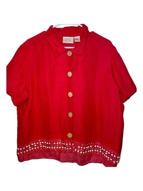 Field Manor Modern Classics Women’s Red Linen Button‎ Up Top, XL